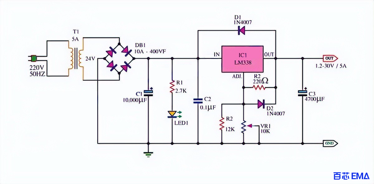 LM338 可调电源电路： 1.25V 至 30V、5A