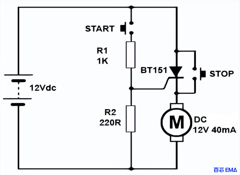 晶闸管驱动直流 负载（例如小型直流电机）的简单示例。