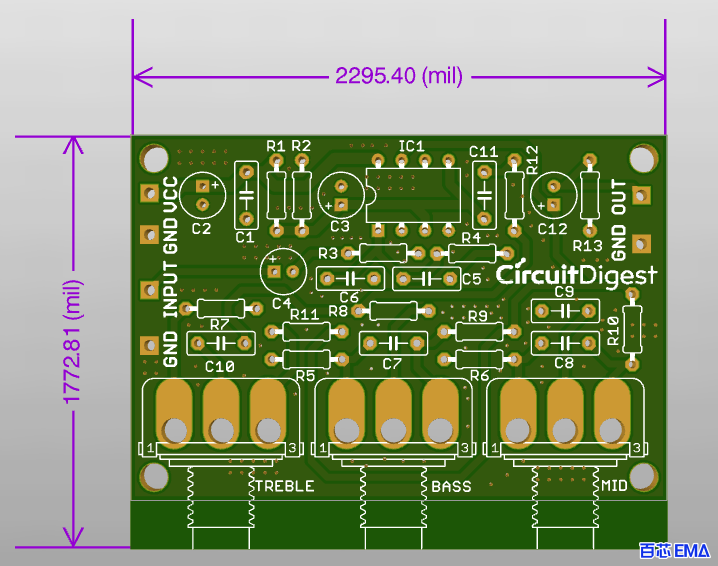 有源音频控制电路 PCB 正面图