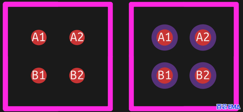 带有阻焊层定义焊盘（左）和非阻焊层定义焊盘（右）的四引脚 BGA 封装
