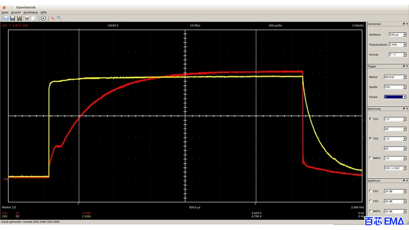 两个线性RC电路（每个电路由47KΩ电阻和1nF电容组成）延迟MOS管的开启过程