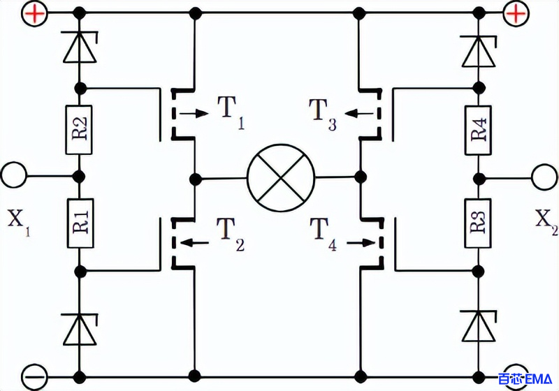 如果电源电压超过MOS管的最大源极栅极电压，则应插入4个分压器