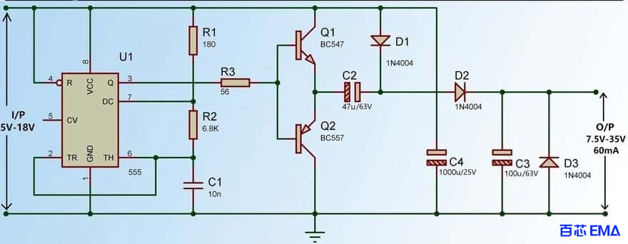 基于555定时器构建的DC-DC转换器电路原理图