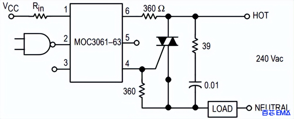 MOC3063 反向并联 SCR 驱动器电路