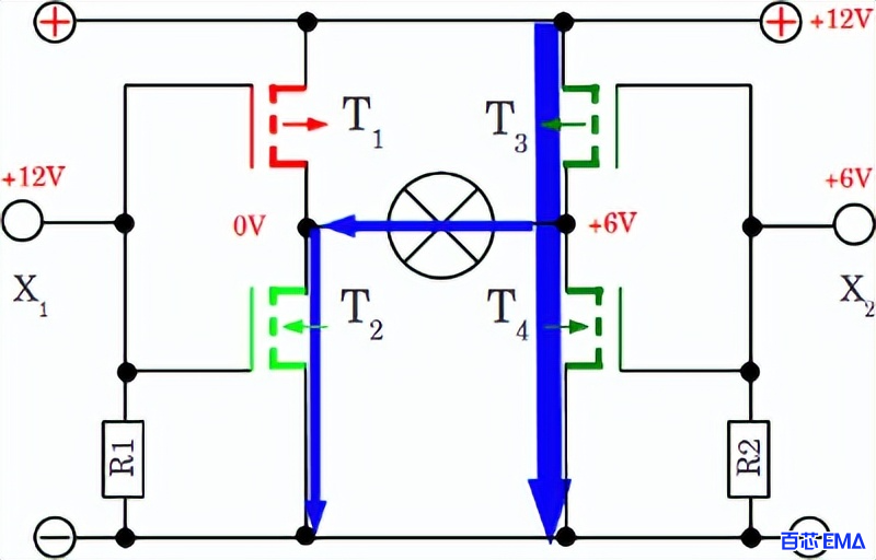 X1连接到正电源电压，而X2仅连接一半电源电压（+6V）