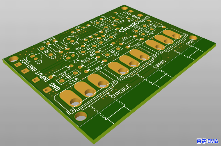 有源音频控制电路 PCB 透视视图