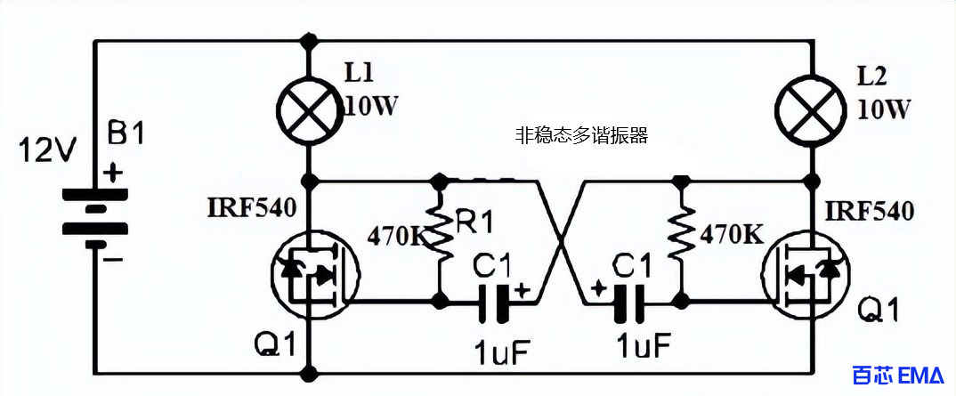 IRF540 MOSFET 的简单两灯闪光灯电路