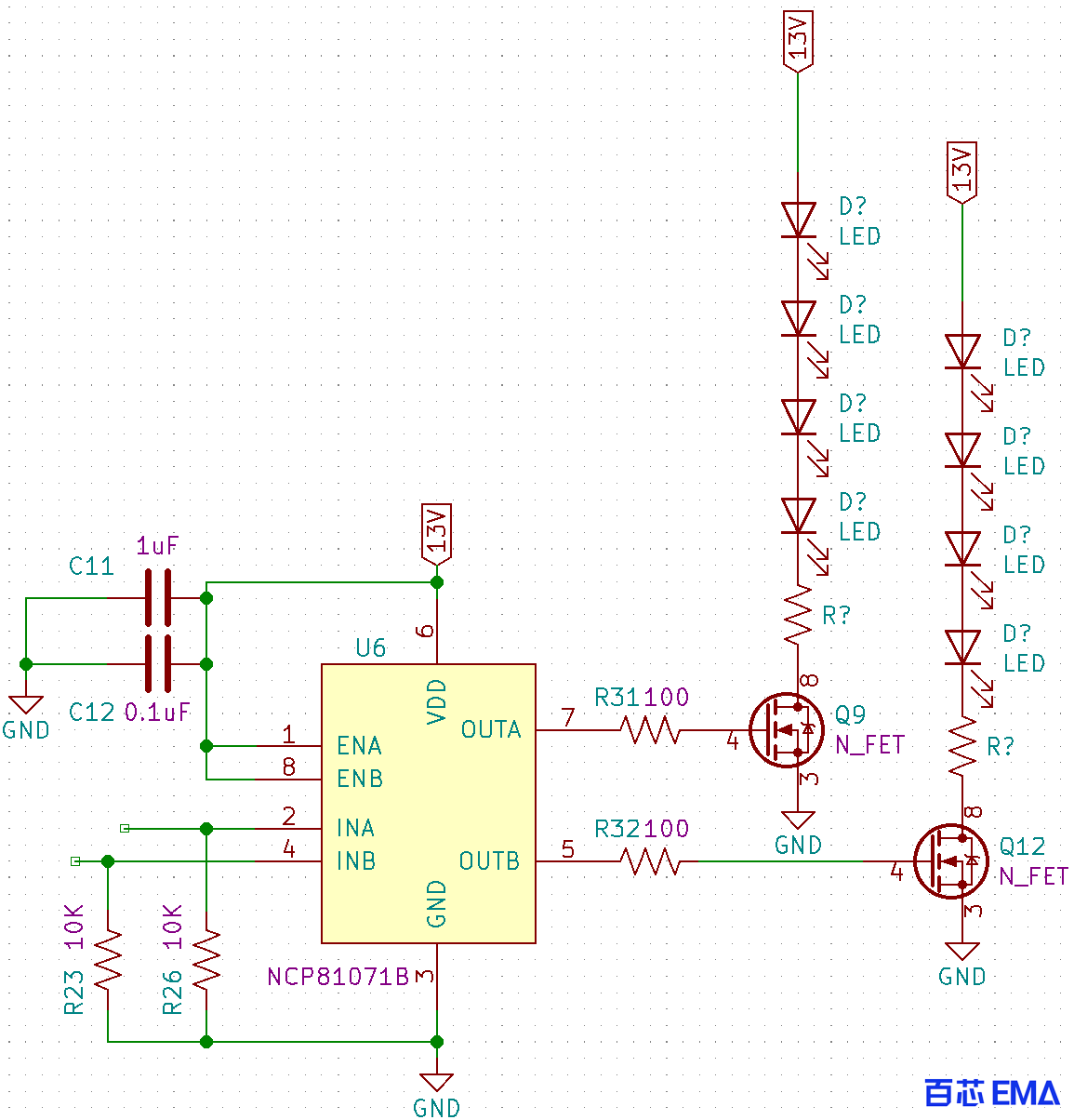 新的 13V 导轨驱动较短链上的 LED，新的电压轨降低了电阻上的功率损耗