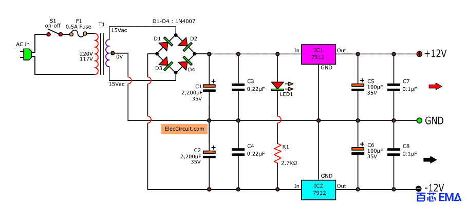 LM7812 12V双电源供电