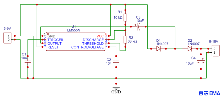 555 定时器 IC 的倍压电路原理图